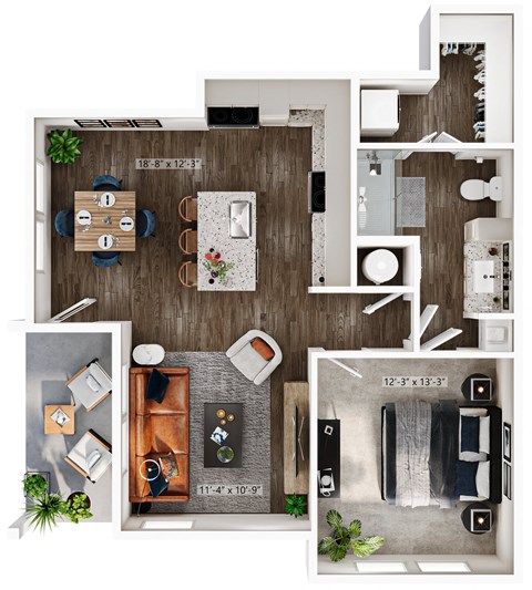 Floor plan for 1 bed, 1 bath, 748 sqft